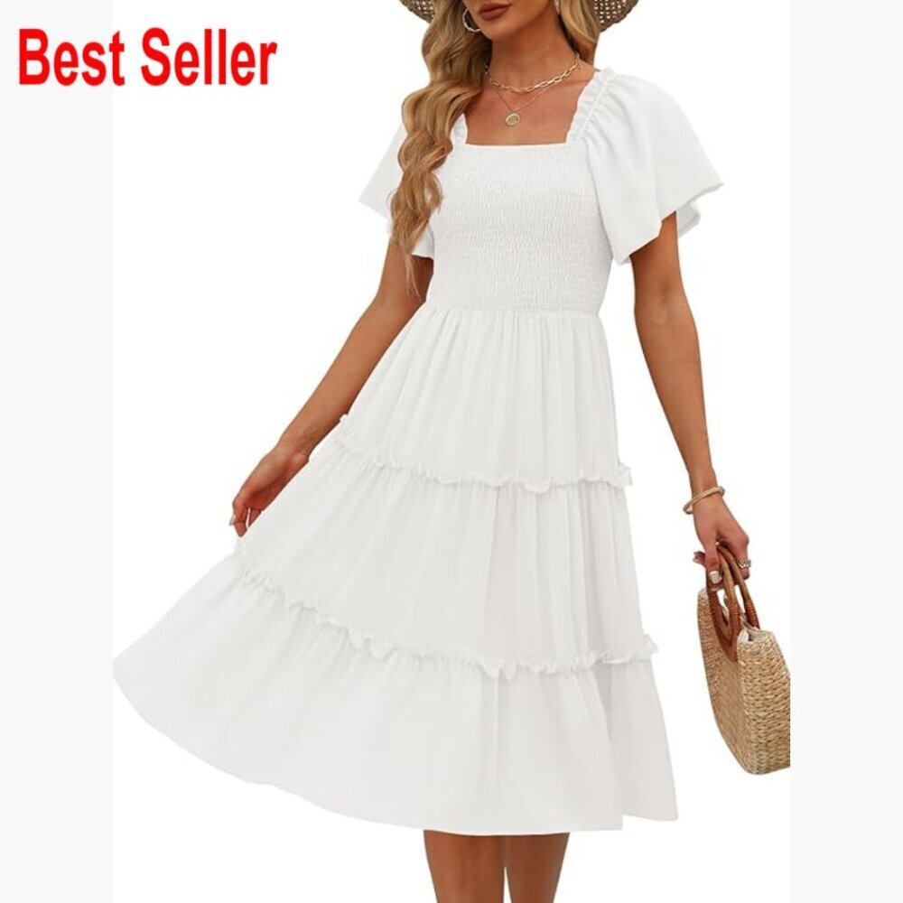 Flutter Sleeve Square Neck Smocked Midi Dress Casual Summer